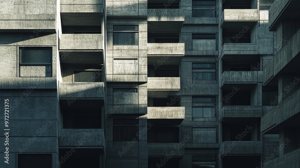 Brutalist apartment complex with repetitive, modular design, featuring deep shadows and harsh concrete textures, exuding a sense of dystopian uniformity. 4K hyperrealistic photo. Brutalist apartment complex with repetitive, modular design, featuring deep shadows and harsh concrete textures, exuding a sense of dystopian uniformity. 4K hyperrealistic photo.