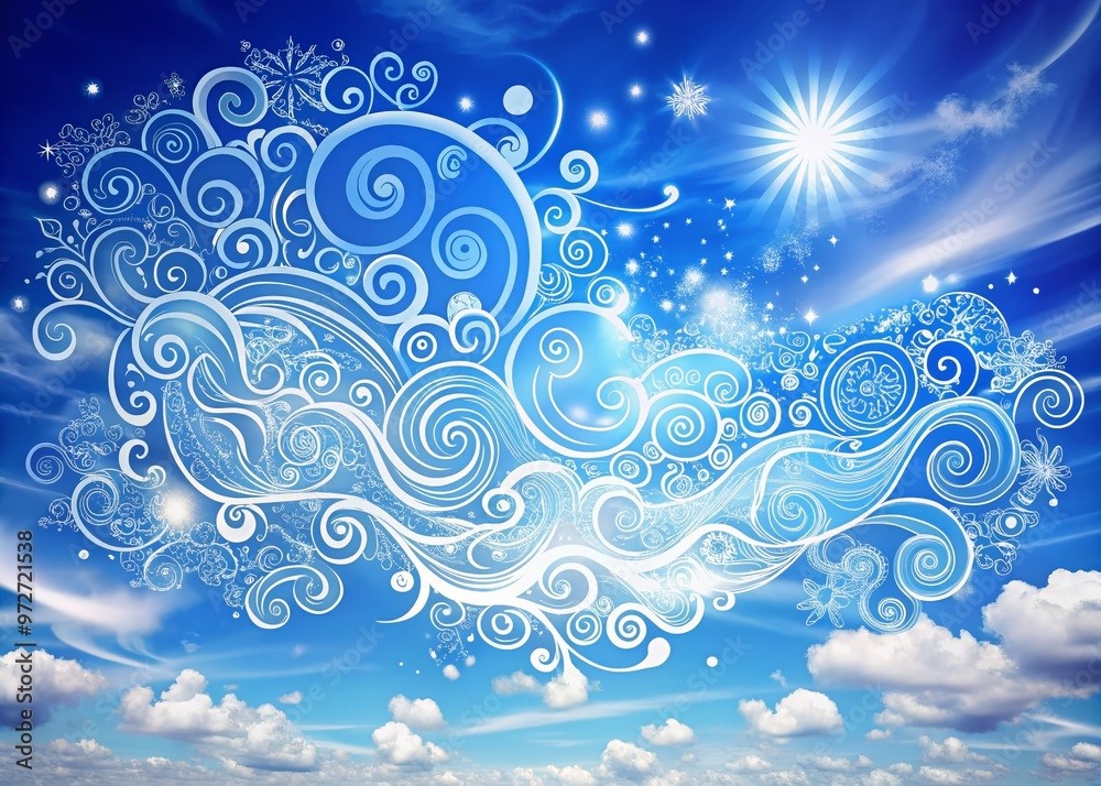 Vibrant blue sky with whimsical white clouds serving as canvas for imaginative hand-drawn designs, swirling shapes, and Vibrant blue sky with whimsical white clouds serving as canvas for imaginative hand-drawn designs, swirling shapes, and