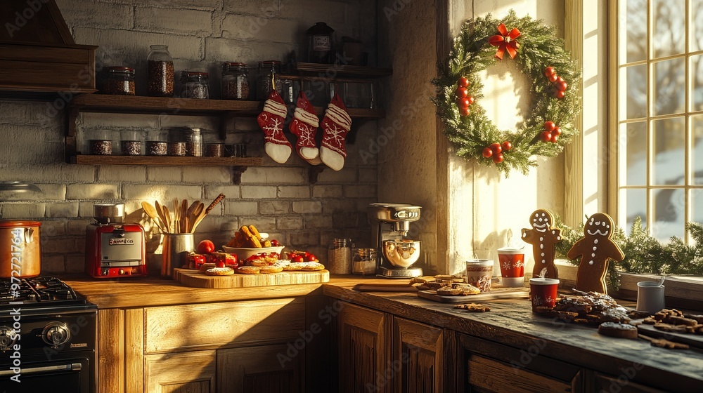 Kitchen decorated for Christmas with gingerbread cookies, hot cocoa, and a wreath hanging on the cabinet. 4K hyperrealistic photo. Kitchen decorated for Christmas with gingerbread cookies, hot cocoa, and a wreath hanging on the cabinet. 4K hyperrealistic photo.