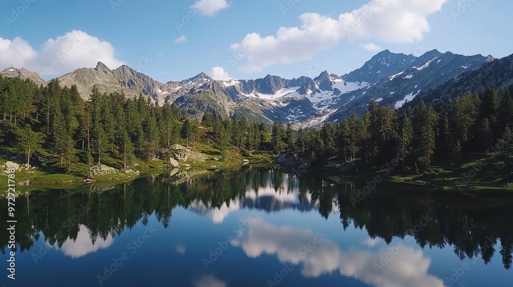 Majestic aerial view of a serene mountain lake surrounded by pine forests, with snow-capped peaks reflected in the still water. 4K hyperrealistic photo. Majestic aerial view of a serene mountain lake surrounded by pine forests, with snow-capped peaks reflected in the still water. 4K hyperrealistic photo.