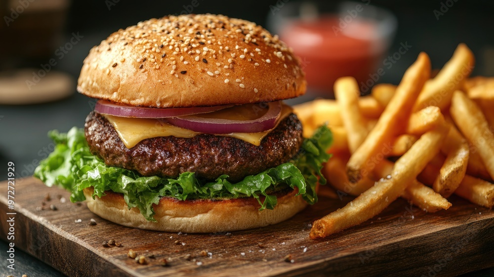 A hearty beef tenderloin burger with fresh lettuce, cheese, and a side of crispy fries, plated on a wooden board A hearty beef tenderloin burger with fresh lettuce, cheese, and a side of crispy fries, plated on a wooden board