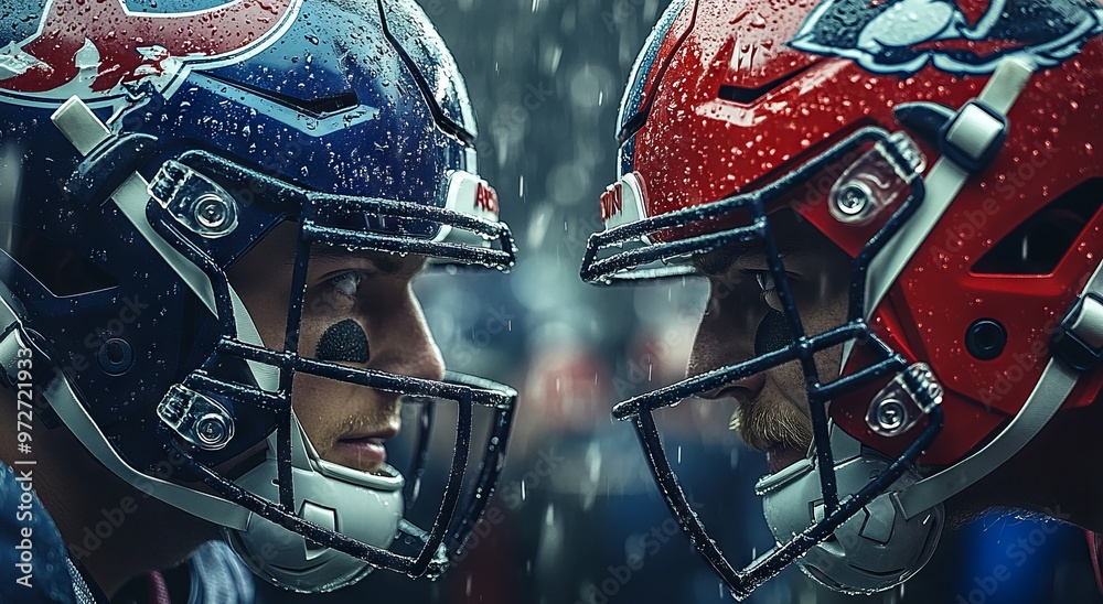 Close-Up of Two American Football Players Facing Each Other on the Field - Cinematic and Hyper-Realistic Shot. AI generated illustration Close-Up of Two American Football Players Facing Each Other on the Field - Cinematic and Hyper-Realistic Shot. AI generated illustration