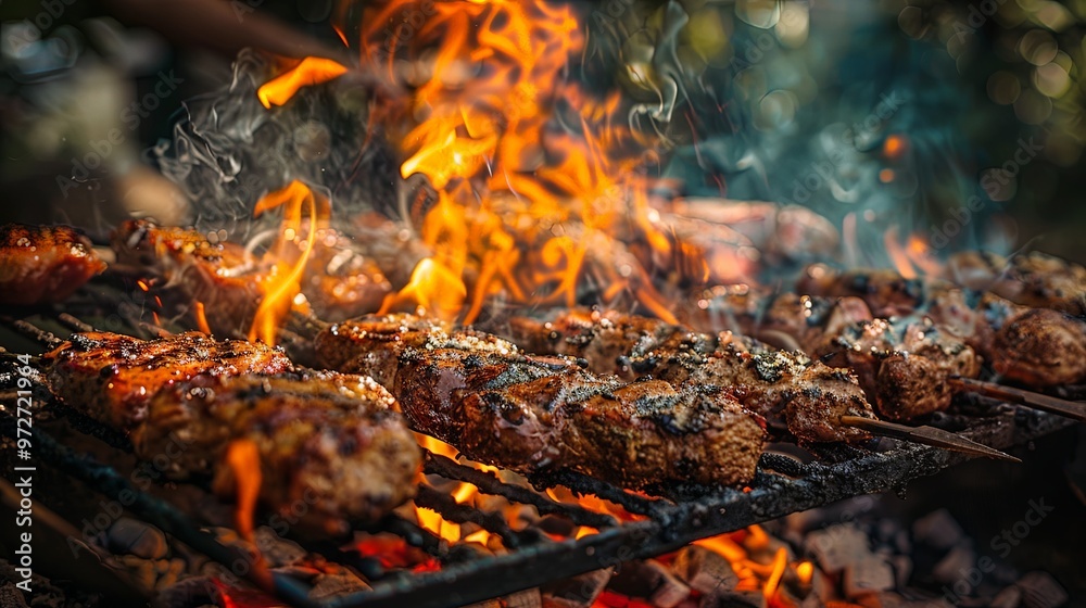 Sausages and various cuts of meat are sizzling on the grill over open flames, creating a tantalizing view of a mouth-watering barbecue in action, set against a vibrant background of fire.