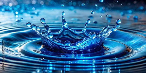 Vibrant blue water splash erupts from the surface, creating a dynamic, intricate pattern of droplets and ripples, photo