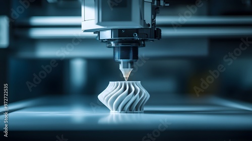 A close-up of a white 3D printer nozzle engaged in additive manufacturing, showcasing precise machinery and micro details against a clean background with high contrast.