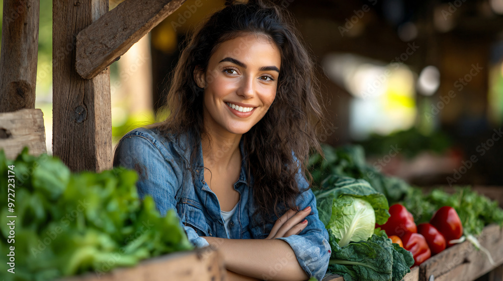 Young female farmer is smiling while posing with her arms crossed in ...