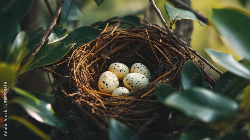 A close-up of a birds nest with speckled eggs nestled among twigs and leaves, situated on a tree branch during springtime. A close-up of a birds nest with speckled eggs nestled among twigs and leaves, situated on a tree branch during springtime.