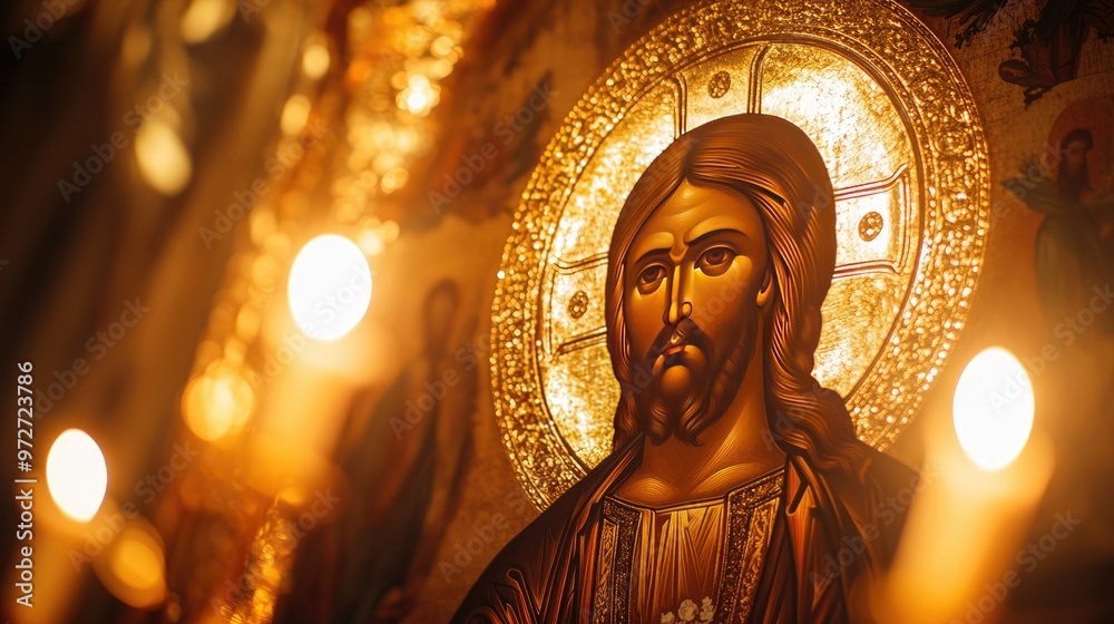 A close-up of a traditional Christian icon of Jesus Christ, with golden halo and detailed robes, hanging in a candle-lit church. A close-up of a traditional Christian icon of Jesus Christ, with golden halo and detailed robes, hanging in a candle-lit church.