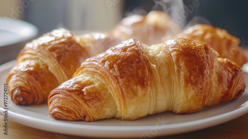 A close-up shot of buttery, flaky croissants on a white plate, with steam rising from the warm pastry layers.