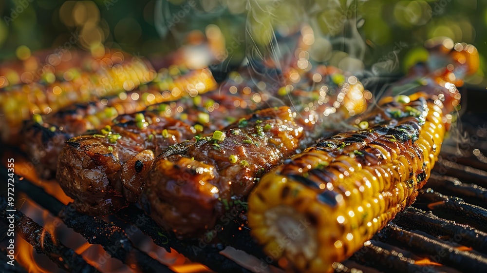 An appetizing shot of corn on the cob and meat skewers grilling on an outdoor barbecue, capturing the essence of a summer feast with rising smoke and delicious aroma. An appetizing shot of corn on the cob and meat skewers grilling on an outdoor barbecue, capturing the essence of a summer feast with rising smoke and delicious aroma.