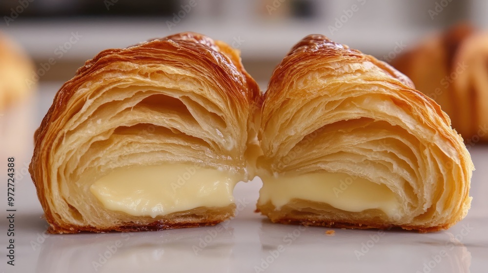 A croissant being torn in half, with layers of flaky dough and melted butter inside visible in detail. A croissant being torn in half, with layers of flaky dough and melted butter inside visible in detail.
