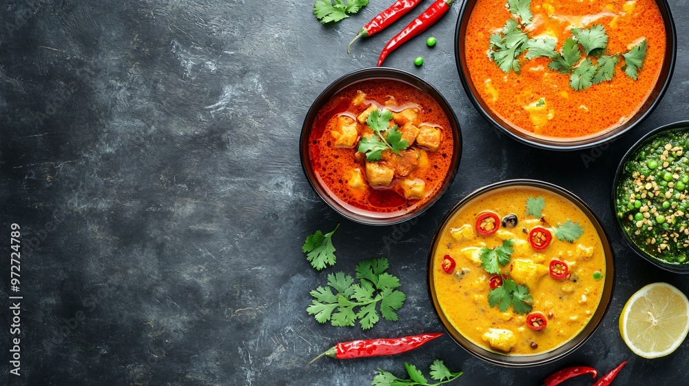 Bowls of Indian curry with cilantro, chili peppers and lemon wedges on a black background. Bowls of Indian curry with cilantro, chili peppers and lemon wedges on a black background.