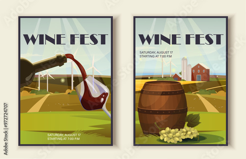 Wine fest posters set. Barrels with wine, bottle and glass. Vineyard and winery. Farming and agriculture. Leaflet and booklet. Flat vector collection isolated on white background