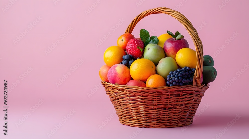 A wicker basket filled with colorful fruits against a light pink background, portraying a vibrant still life composition that emphasizes healthy eating and fresh produce. A wicker basket filled with colorful fruits against a light pink background, portraying a vibrant still life composition that emphasizes healthy eating and fresh produce.