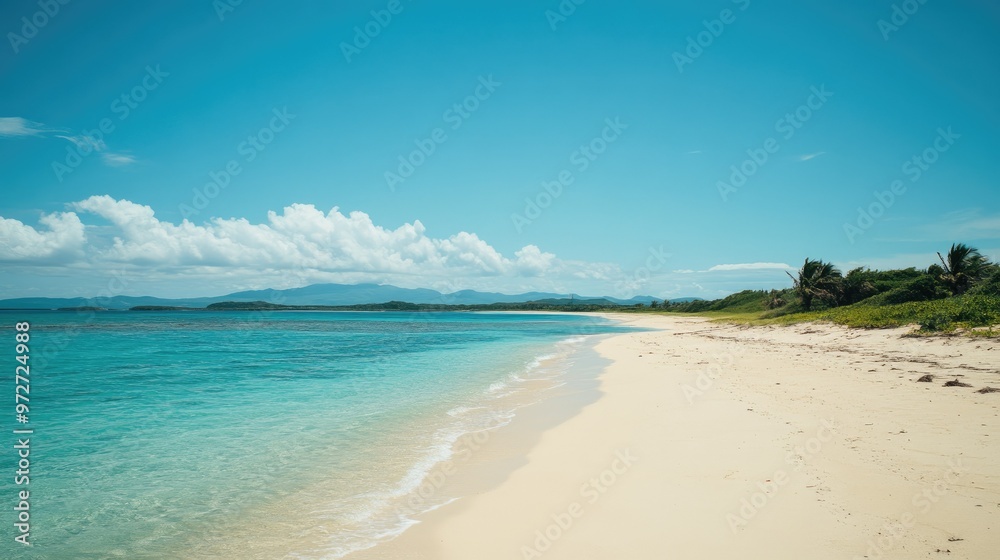 A deserted beach in Okinawa with turquoise water, white sand, and a few palm trees swaying in the breeze, offering total solitude A deserted beach in Okinawa with turquoise water, white sand, and a few palm trees swaying in the breeze, offering total solitude