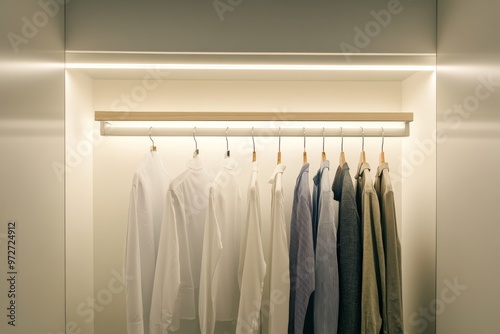 bright, airy dressing room with a minimalist aesthetic, featuring a compact, wall-mounted clothes rail and a single, high-intensity led light source