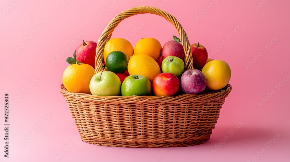 A wicker basket filled with colorful fruits against a light pink background, portraying a vibrant still life composition that emphasizes healthy eating and fresh produce. A wicker basket filled with colorful fruits against a light pink background, portraying a vibrant still life composition that emphasizes healthy eating and fresh produce.