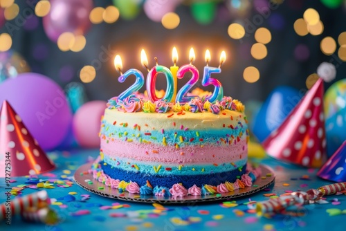 close-up of a colorful '2025' cake with candles lit, surrounded by party hats and noisemakers