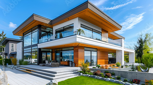 Modern home exterior, luxury sustainable house with terraces and woodwork in summer ,Scenery of residential mansion, sky and garden