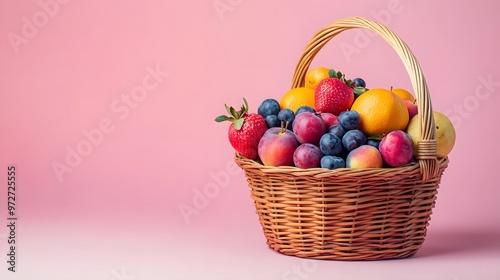 A wicker basket filled with colorful fruits against a light pink background, portraying a vibrant still life composition that emphasizes healthy eating and fresh produce.