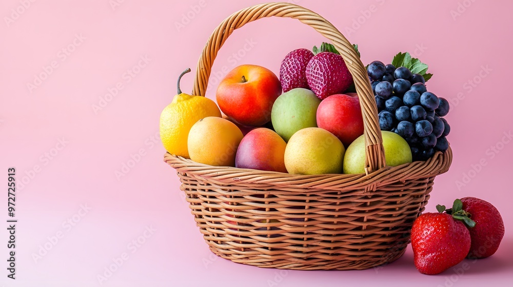 A wicker basket filled with colorful fruits against a light pink background, portraying a vibrant still life composition that emphasizes healthy eating and fresh produce. A wicker basket filled with colorful fruits against a light pink background, portraying a vibrant still life composition that emphasizes healthy eating and fresh produce.