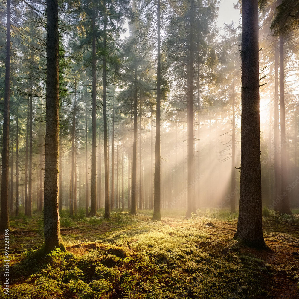 Fototapeta premium Serene Forest Scene with Tall Trees, Sunlight Beams Through Fog, and Mysterious Creatures in the Background