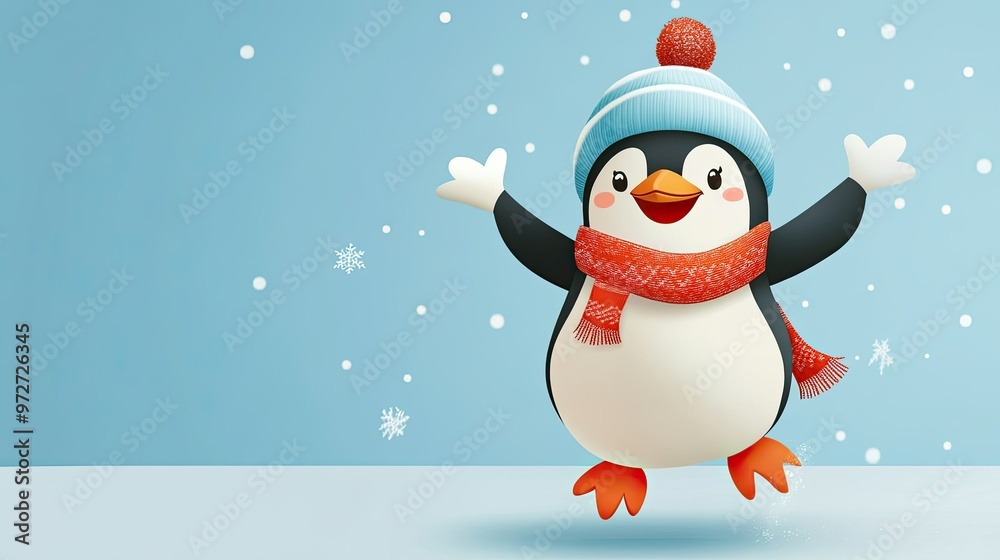 Obraz premium A happy cartoon penguin with a scarf and beanie, sliding on an icy blue background, perfect for a winter-themed design.