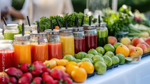 A juicing station at a farmer market with fresh fruits and vegetables ready for juice