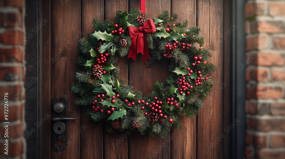 Christmas wreath made of fresh pine, holly, and berries, hanging on a rustic wooden door, welcoming guests with holiday cheer. 4K hyperrealistic photo. Christmas wreath made of fresh pine, holly, and berries, hanging on a rustic wooden door, welcoming guests with holiday cheer. 4K hyperrealistic photo.