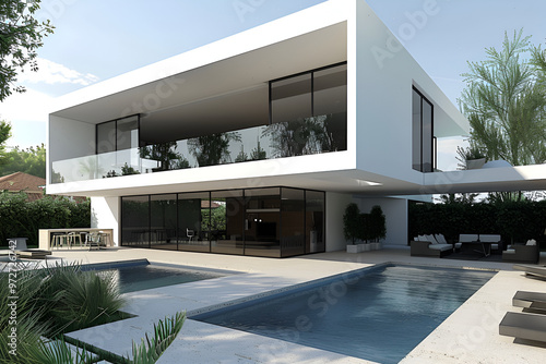 Luxurious villa with swimming pool ,External view of a contemporary house ,modern villa with open plan living and private bedroom wing