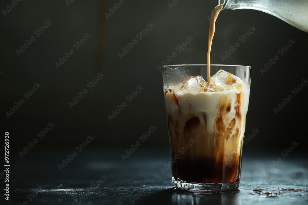 milk pouring from a jug into a glass of iced coffee on a dark, minimalist table, creating a delicate foam milk pouring from a jug into a glass of iced coffee on a dark, minimalist table, creating a delicate foam
