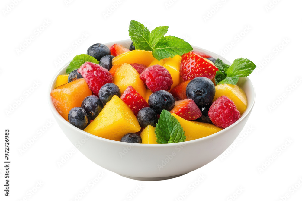 Colorful fruit salad with berries and mint garnished in a white bowl