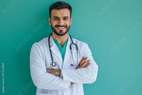 male doctor with a kind smile and a white coat, stethoscope draped around his neck, stands confidently with arms crossed against a calming turquoise background, radiating warmth and