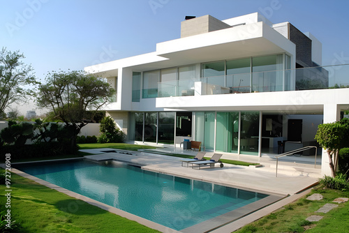 Luxurious villa with swimming pool ,External view of a contemporary house ,modern villa with open plan living and private bedroom wing