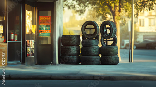 sidewalk tire display outside a busy tire store, where large, rugged tires are stacked neatly for passing customers to see photo