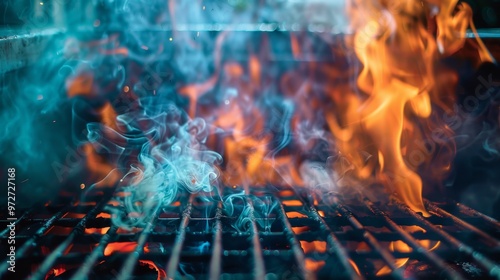 Abstract depiction of a kitchen grill fire and smoke with vibrant, contemporary color contrasts photo