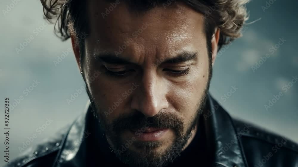 Bearded man with leather jacket looking down Bearded man with leather jacket looking down