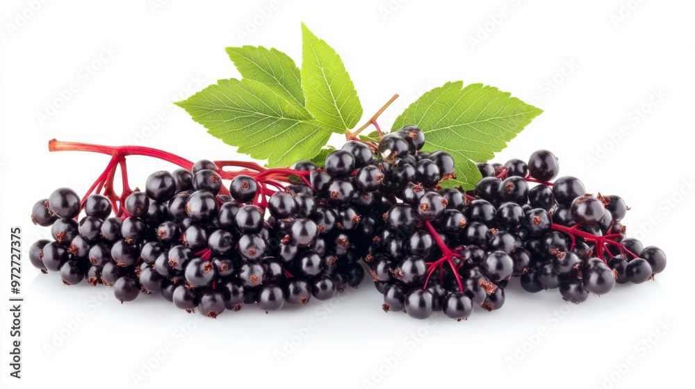 Fresh elderberries and green leaves arranged on a white background, showcasing their rich color and natural appeal Fresh elderberries and green leaves arranged on a white background, showcasing their rich color and natural appeal