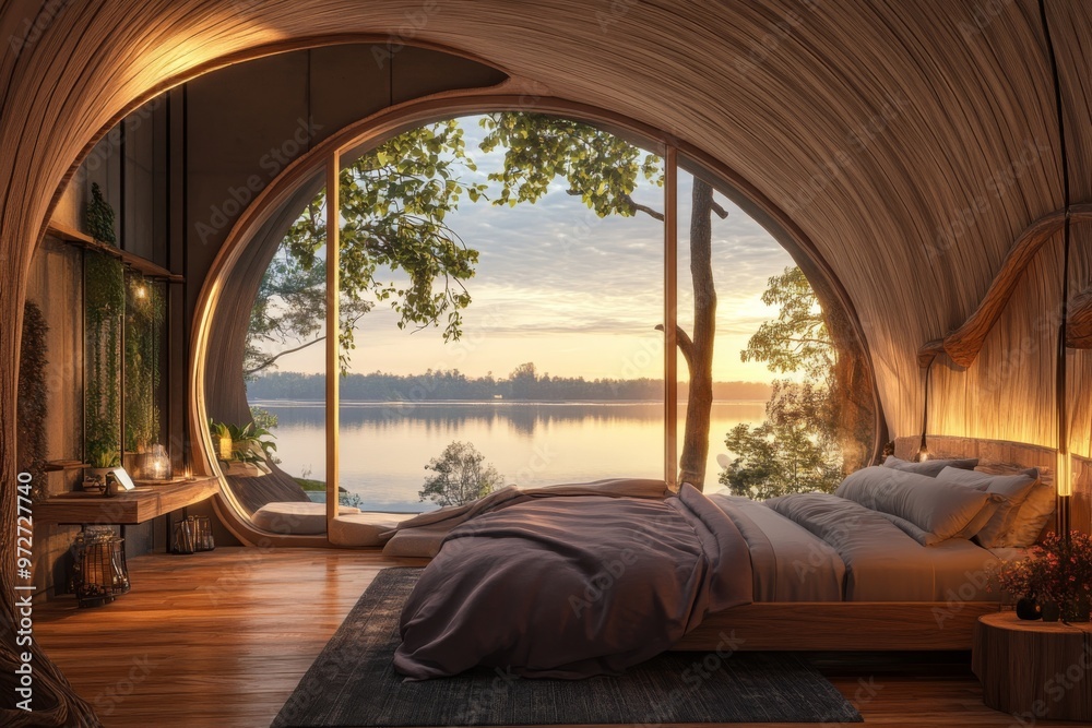 nature-inspired eco-lodge bedroom with a wooden interior and organic ...