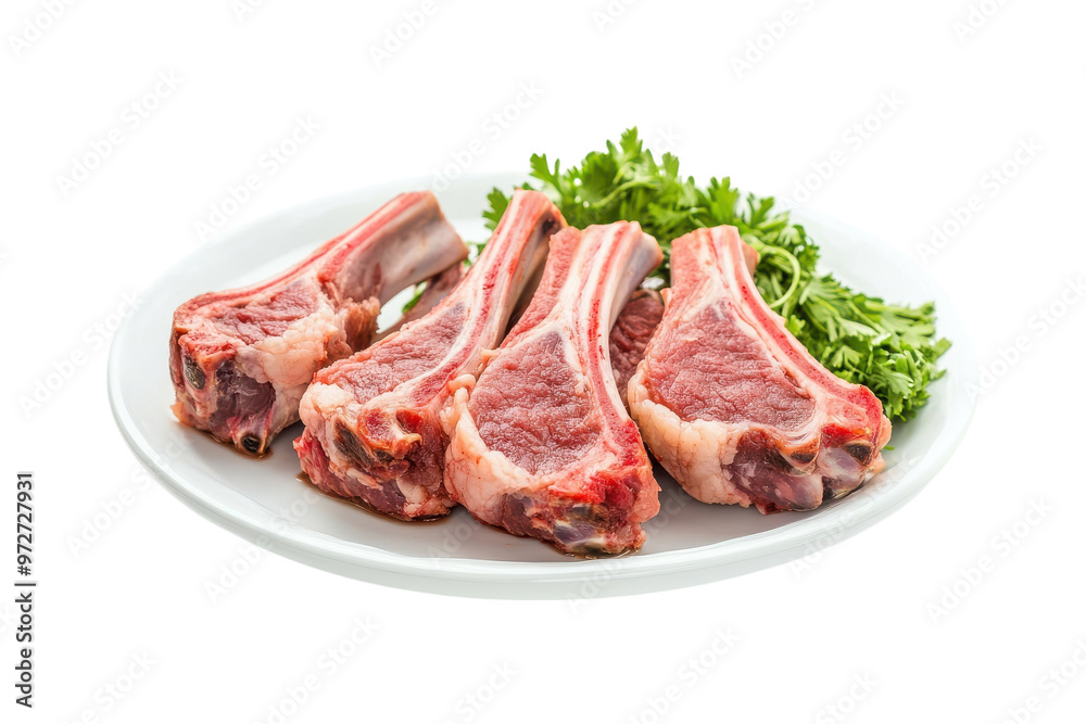 Fresh lamb chops arranged on a pristine white plate with parsley garnishing, ready for cooking Fresh lamb chops arranged on a pristine white plate with parsley garnishing, ready for cooking