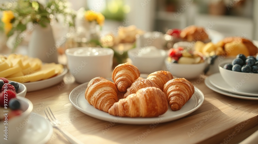 A set of mini croissants placed next to assorted breakfast items, including fruit and yogurt, on a large family dining table. A set of mini croissants placed next to assorted breakfast items, including fruit and yogurt, on a large family dining table.