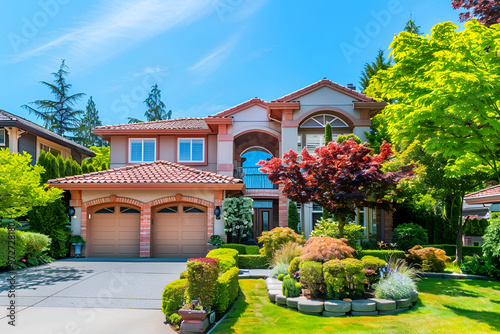Large modern brick house with colonial style balcony,Single family home with large mowed lawn and beautiful landscaping, Sunny day with blue sky