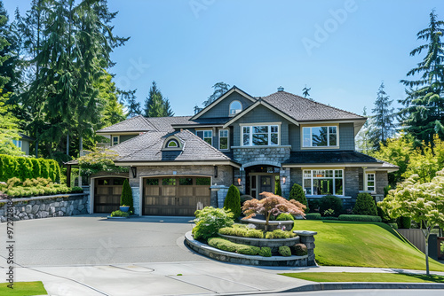 Large modern brick house with colonial style balcony,Single family home with large mowed lawn and beautiful landscaping, Sunny day with blue sky