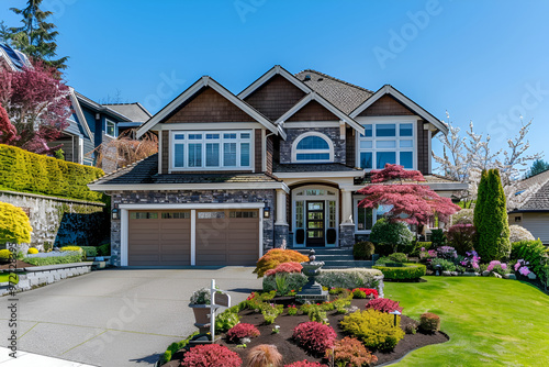 Large modern brick house with colonial style balcony,Single family home with large mowed lawn and beautiful landscaping, Sunny day with blue sky