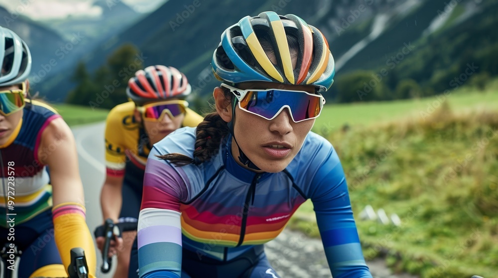 Women mountain bikers exploring a forest trail, with distant mountain ranges completing the scenic view Women mountain bikers exploring a forest trail, with distant mountain ranges completing the scenic view