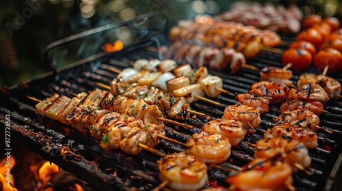 Seafood and vegetable skewers grill on an outdoor barbecue, featuring shrimp, bell peppers, onions, and tomatoes. This vibrant barbecue scene is perfect for summer gatherings.