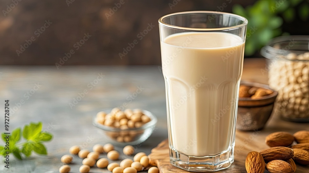 Φωτογραφία A tall glass of soy milk next to a handful of almonds and soybeans, representing a healthy, plant-based alternative to dairy milk