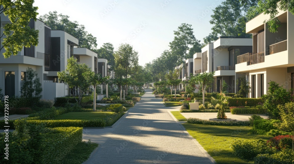 A new residential development featuring modern homes, neatly arranged gardens, A new residential development featuring modern homes, neatly arranged gardens,