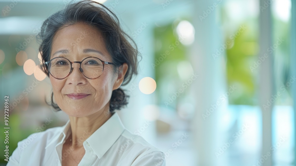 Businesswoman relaxing at a luxury resort, exuding calm and poise in her casual shirt and glasses. Businesswoman relaxing at a luxury resort, exuding calm and poise in her casual shirt and glasses.
