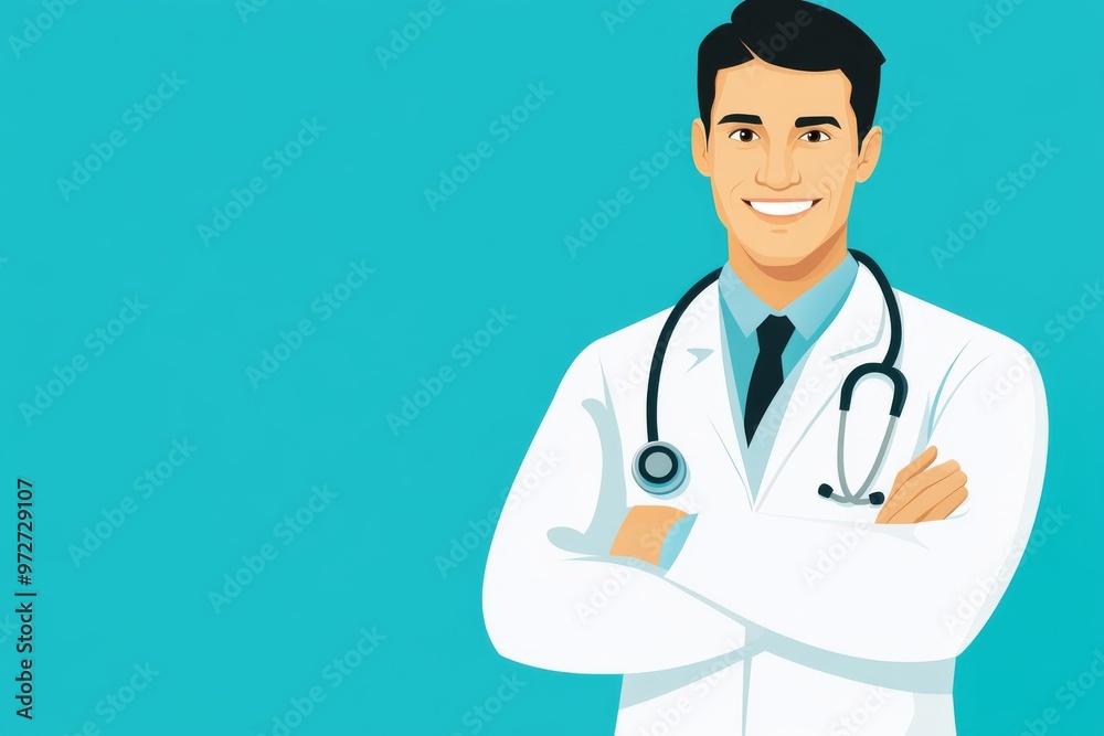smiling male doctor in a crisp white coat with a stethoscope draped around his neck stands confidently with his arms crossed against a vibrant turquoise background, exuding professionalism and smiling male doctor in a crisp white coat with a stethoscope draped around his neck stands confidently with his arms crossed against a vibrant turquoise background, exuding professionalism and